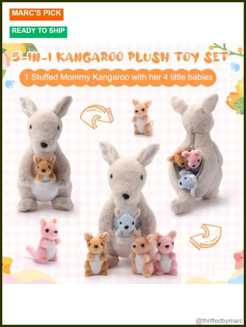 5-Piece Kangaroo Stuffed Animal Plush Set with Joey Babies Mom and Pouch Toy